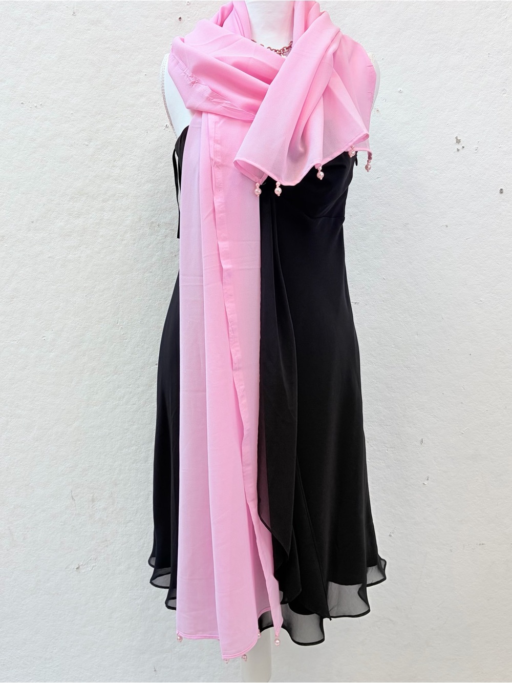 Large Pink Silky Beaded Scarf